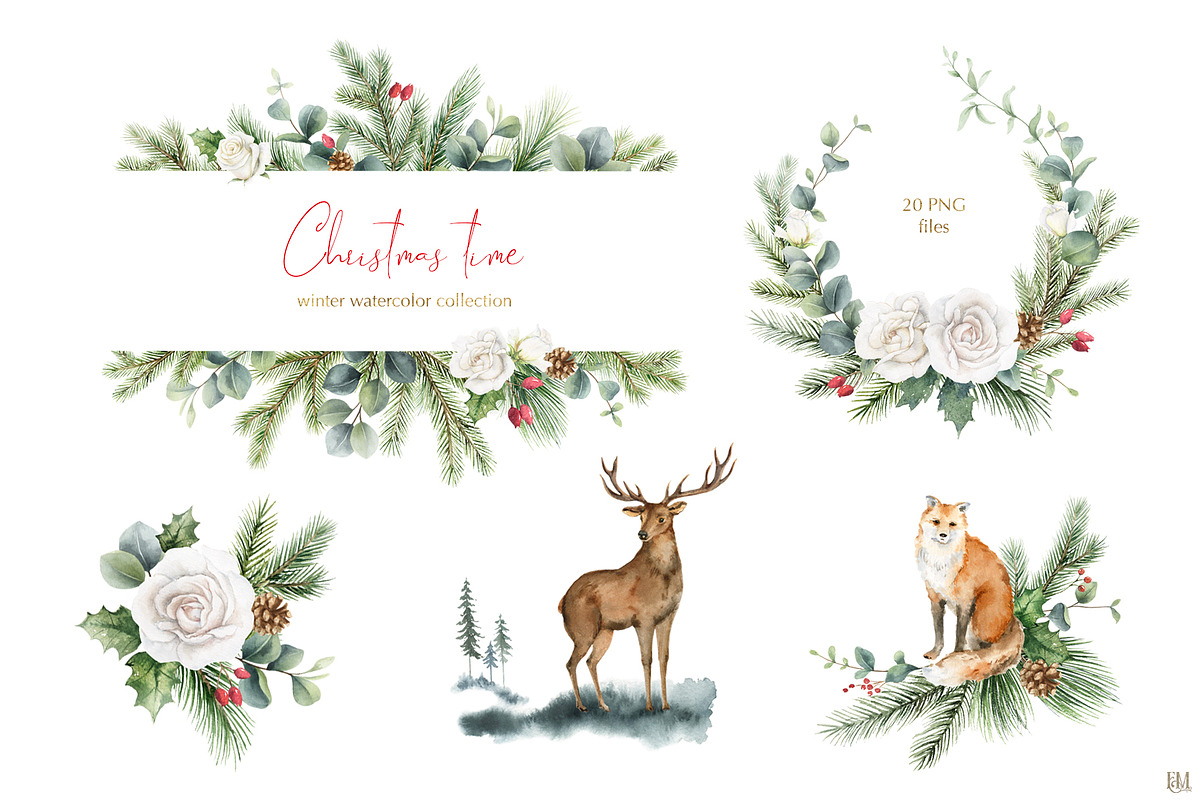 Watercolor Christmas Bundle, an Animal Illustration by Elena Medvedeva (Photo 3 of 8)