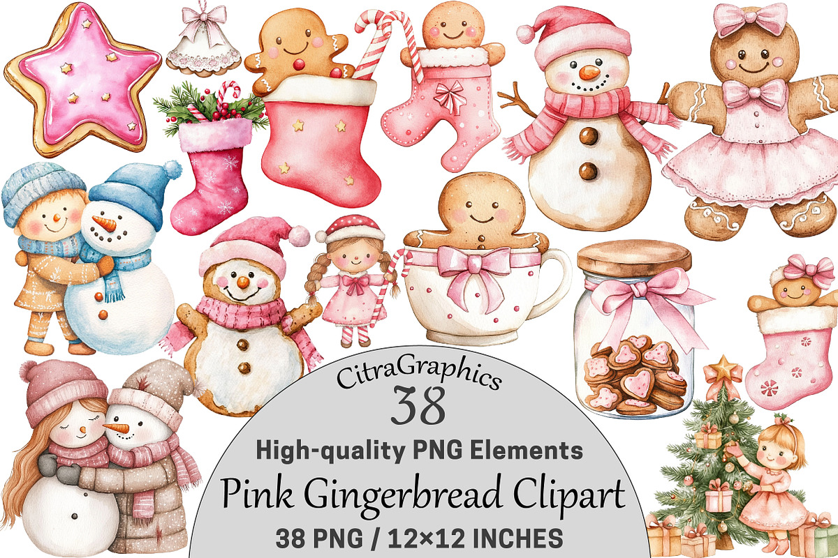 Pink Gingerbread Clipart Bundle, a Seasonal Illustration by CitraGraphics (Photo 1 of 7)
