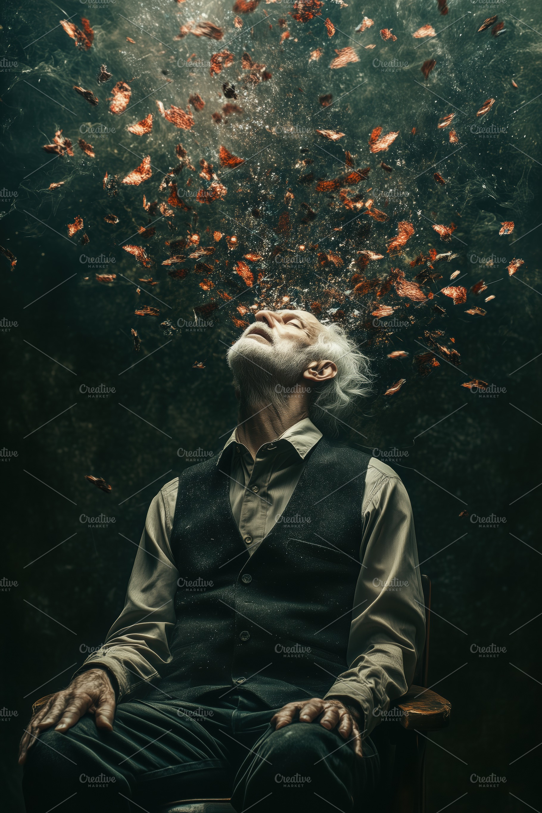 An elderly psycholinguist man sits in a chair with his head tilted back, eyes c, a Person Photo by Textures & Backgrounds
