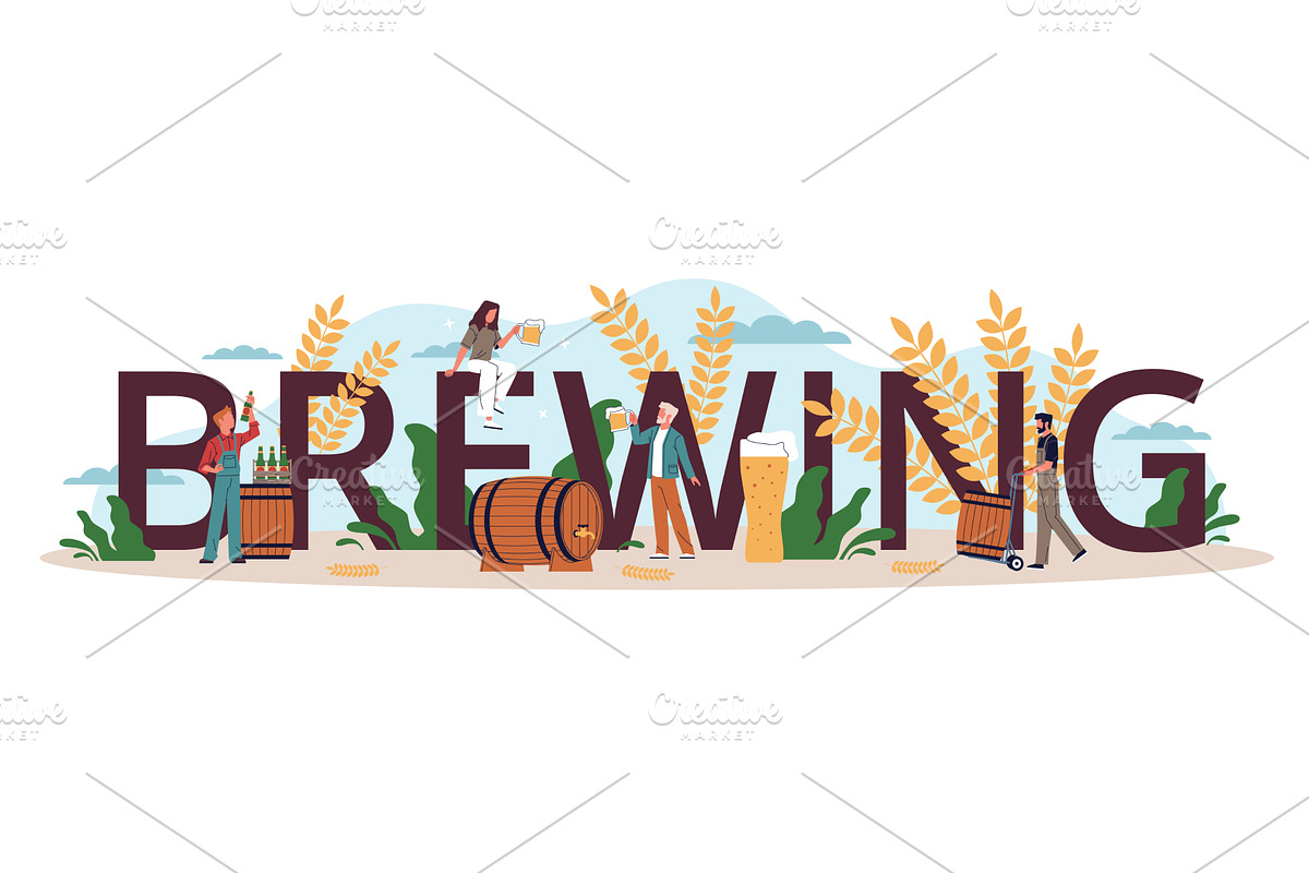 Brewing beer. Large word and tiny, a Food Illustration by YummyBuum