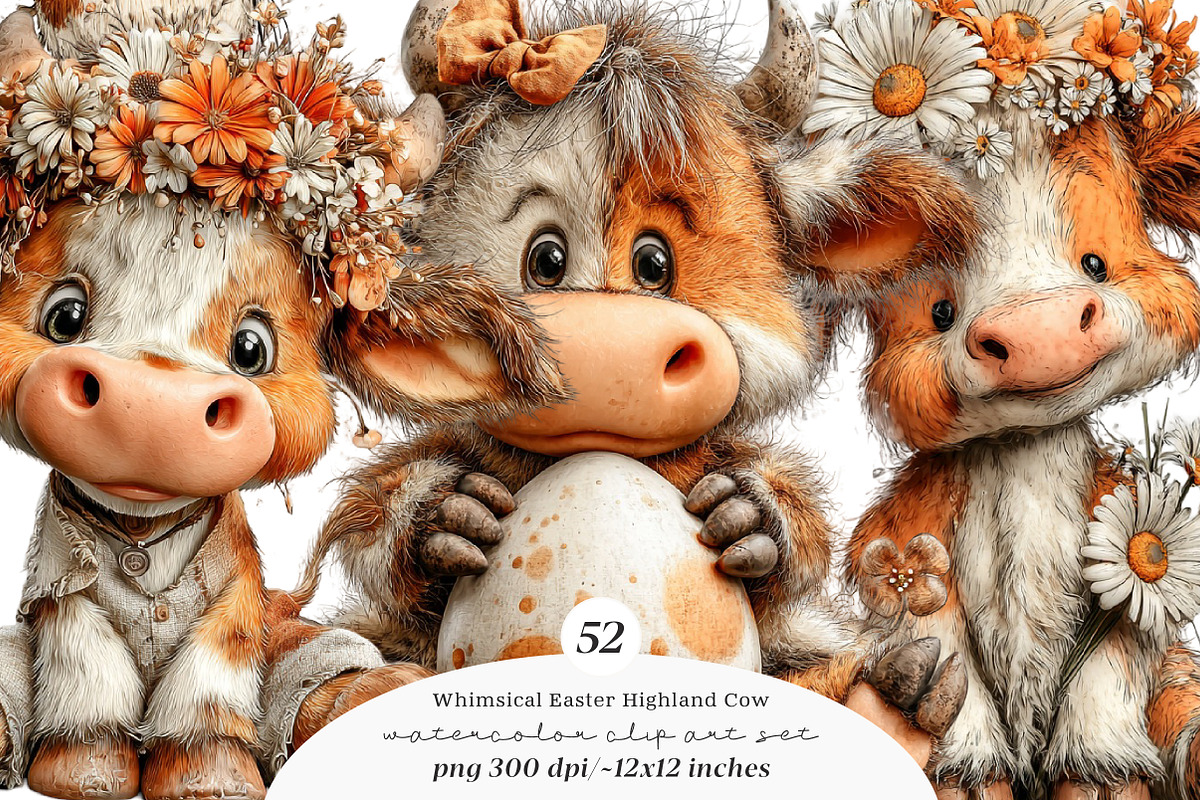 Whimsical easter highland cow clipar, an Illustration by SinaCreation (Photo 1 of 11)