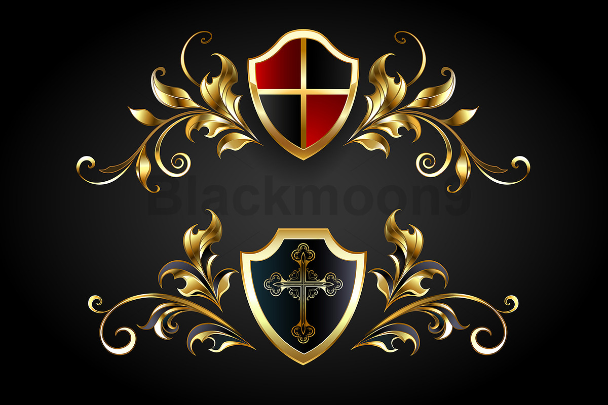 Golden symmetrical frame with shield, a Decorative Illustration by blackmoon9
