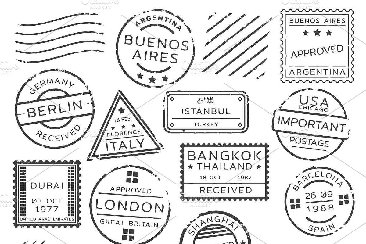 Monochrome Retro Postage Stamps Set, an Outline Icon by Alexander Belenkiy