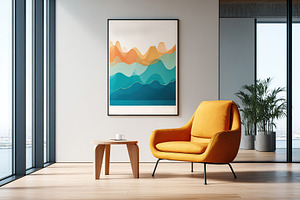 Modern interior design with a colorful poster and cozy seating in a bright urba, a Photo by AlyaAnd