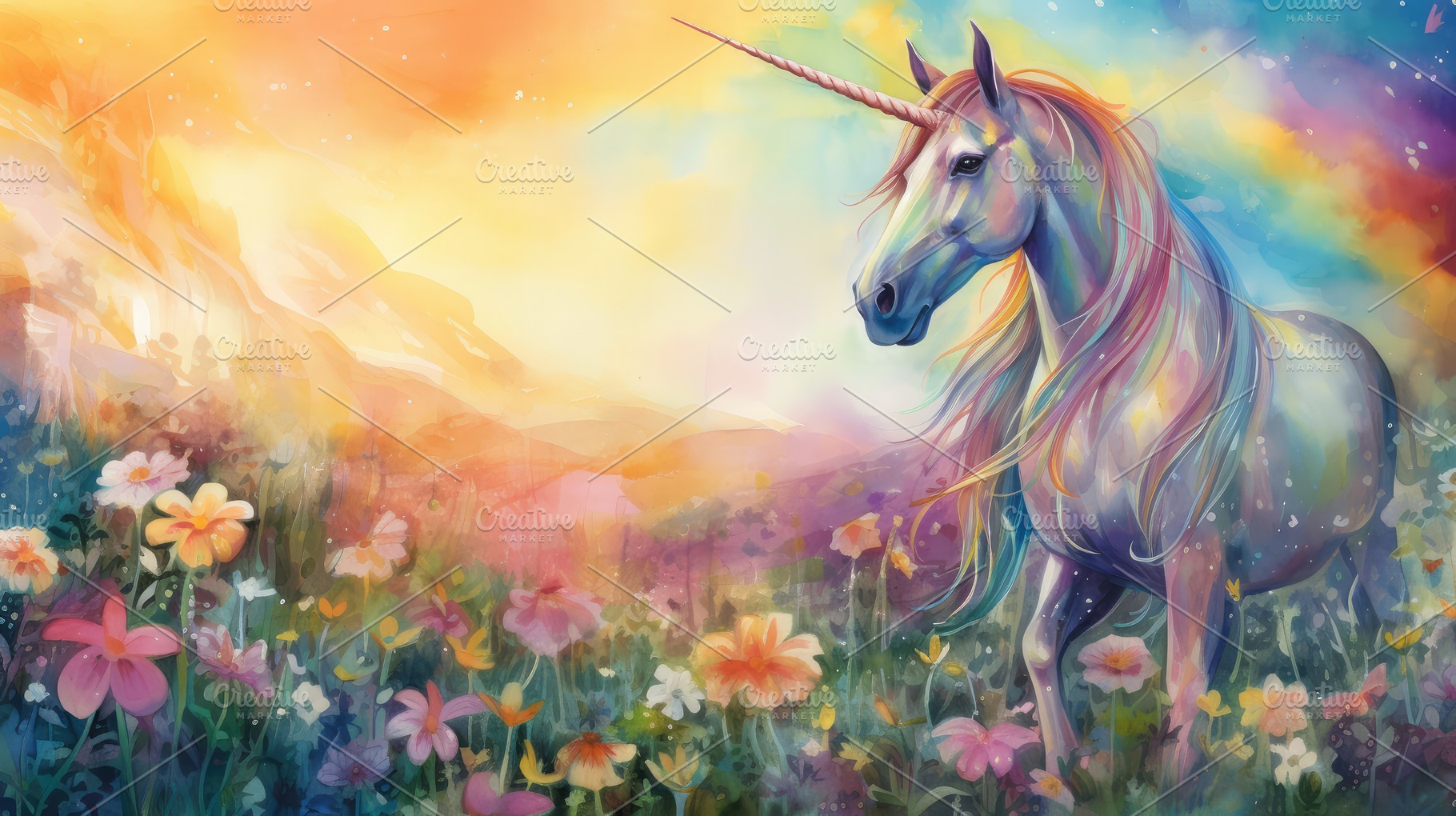 unicorn in vibrant flowers and butte, a Photo by SaroStock