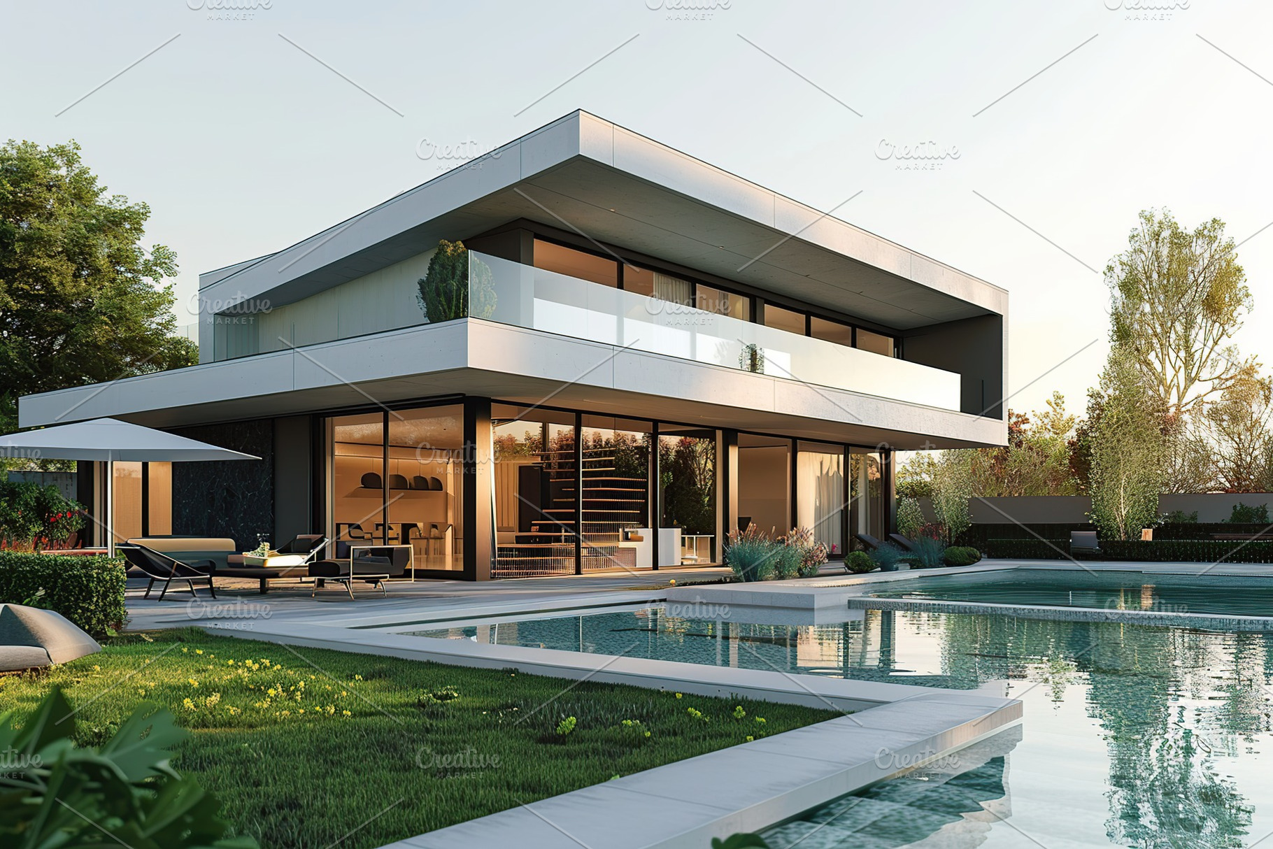 Modern house in suburb with beautiful green landscape and swimming pool, a Photo by AlyaAnd
