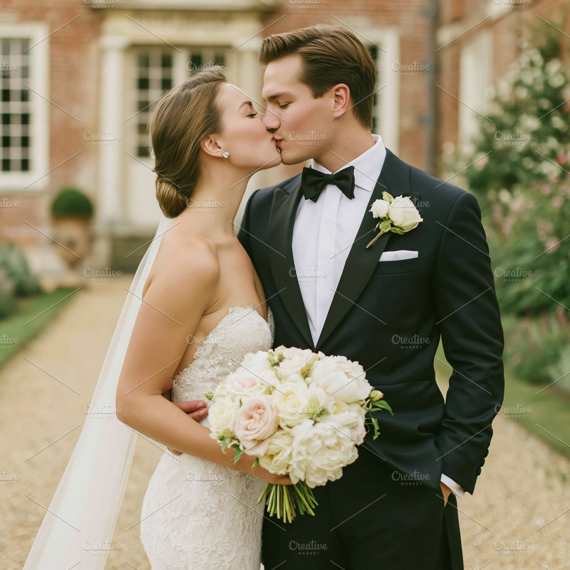Bride and groom kissing, celebrating love and marriage during th, a Person Photo by Studio ANNA