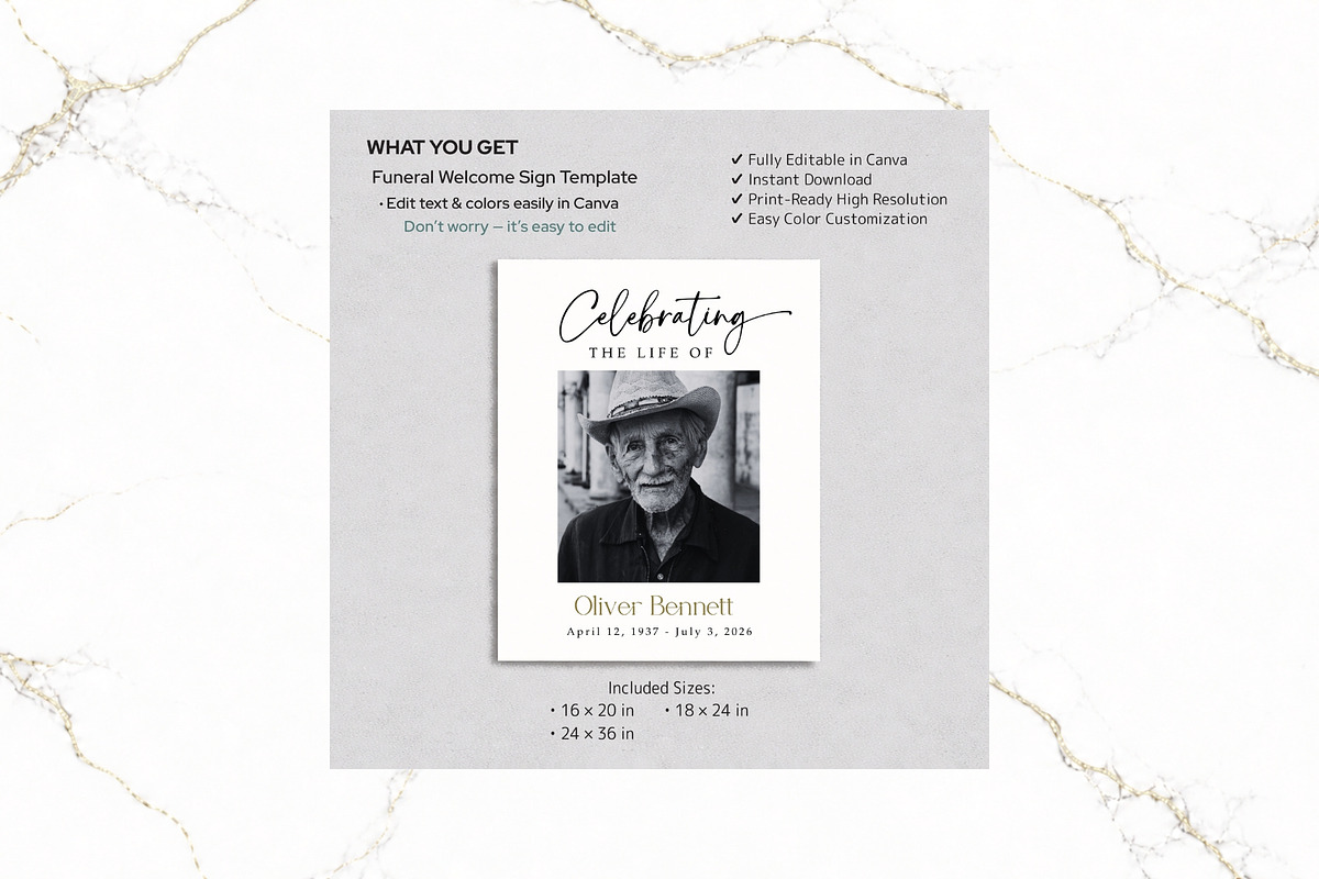 Funeral Welcome Sign B&W Canva FR001, a Poster Template by TyphoonStudio (Photo 2 of 8)