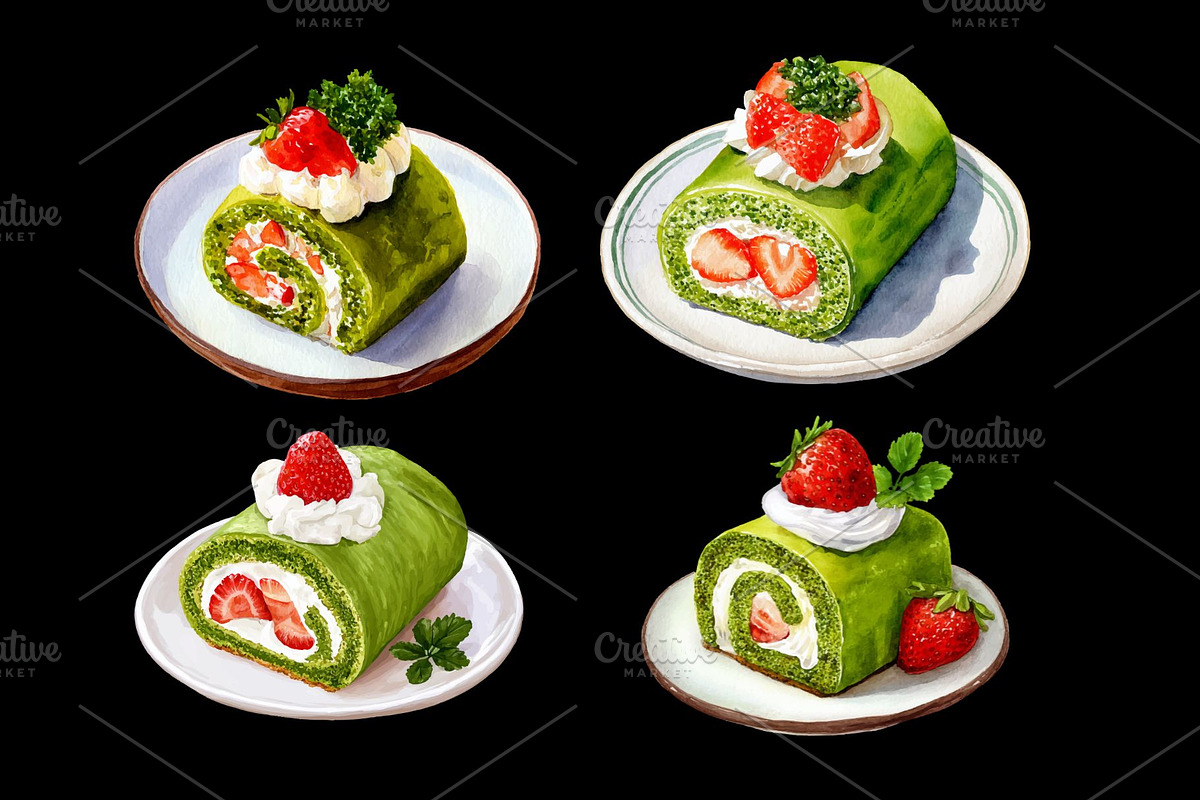Matcha Strawberry Roll Cake Clipart, a Food Illustration by Stellalunarts (Photo 3 of 3)