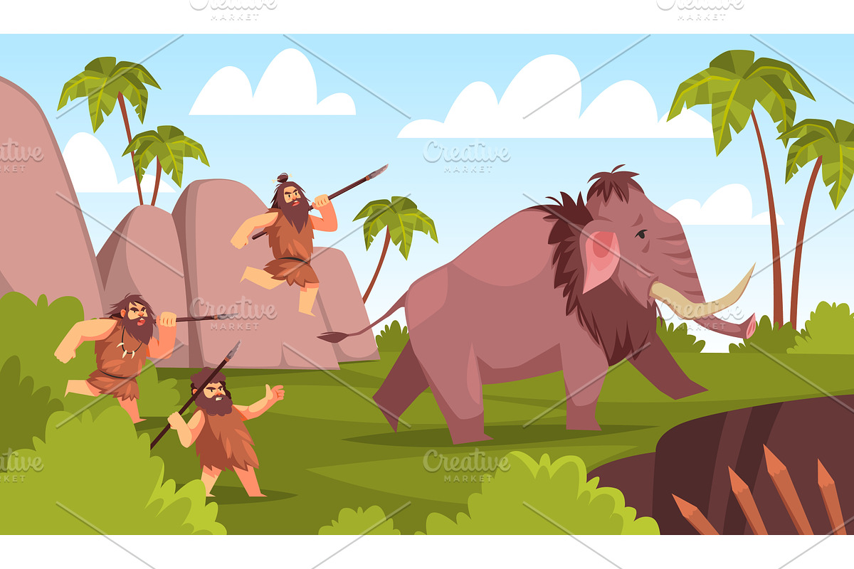 Cavemen on hunting. Stone age people, an Animal Illustration by YummyBuum