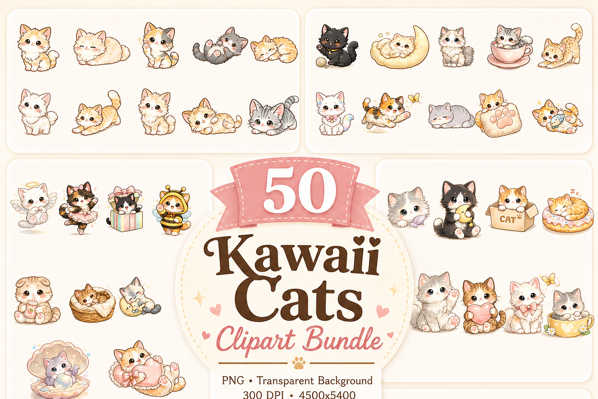 Kawai cat clipart bundle, an Object Illustration by HeavensStar (Photo 5 of 9)