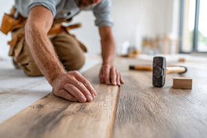 Skilled craftsman working on wooden floor installation in a modern home, an Industrial Photo by AlyaAnd