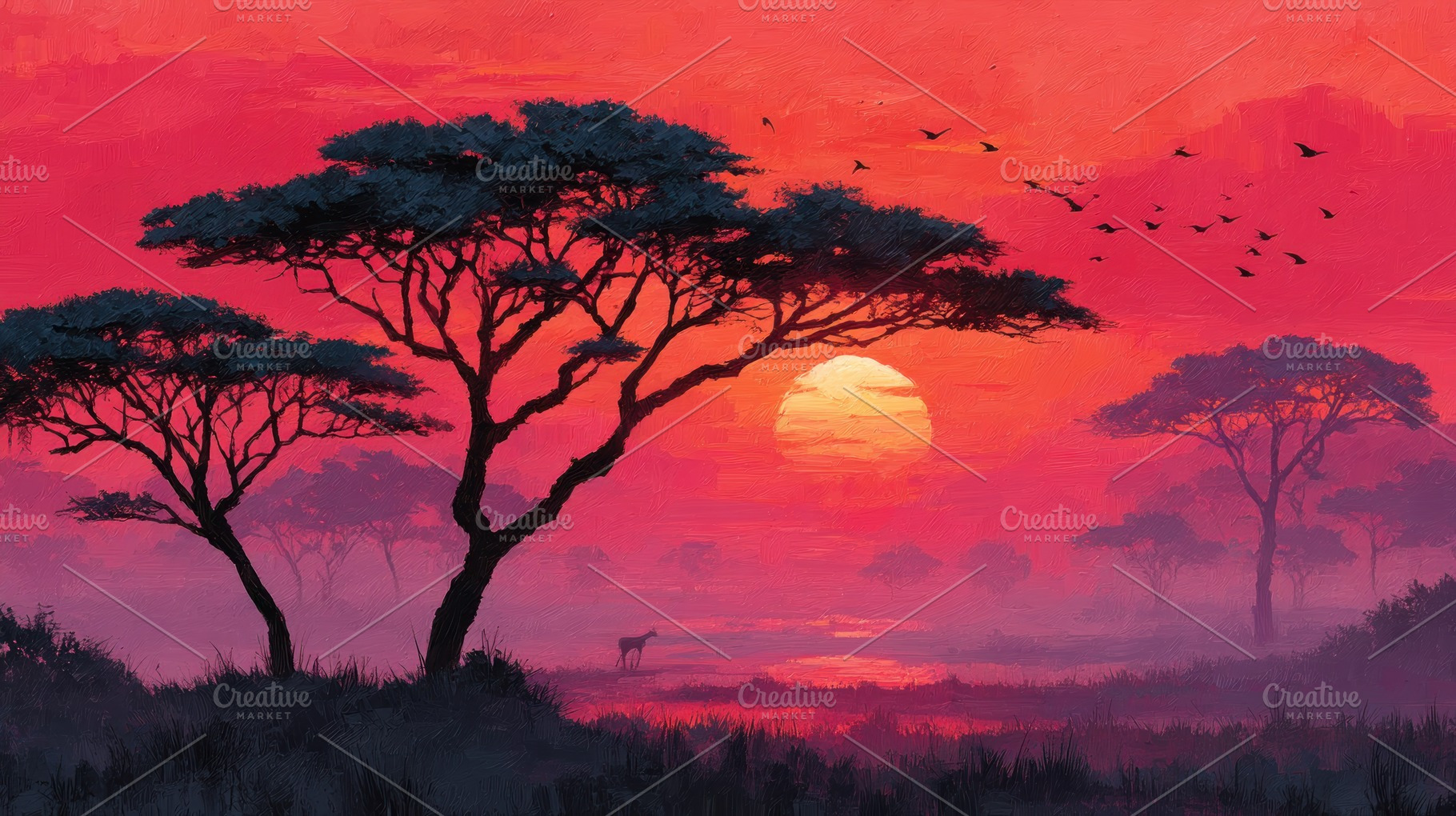 African savanna sunset with acacia trees and wildlife in silhoue, a Nature Photo by José Manuel Gelpi