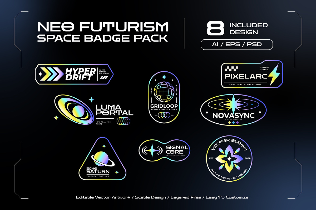 Neo Futurism Space Badge Pack, an Object Illustration by Pitchlook.Studio (Photo 1 of 3)