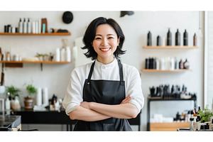 Asian female hair stylist smiling, a Person Photo by Sergey Kotenev
