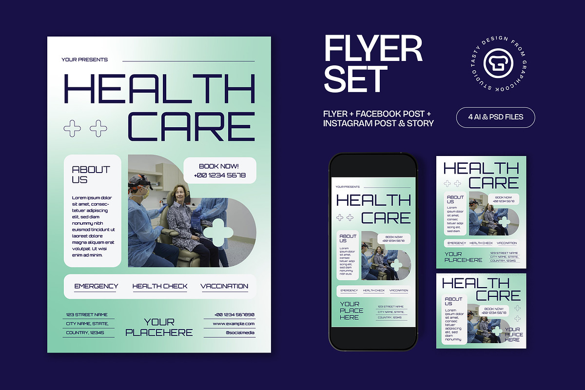 Blue Utilitarian Hospital Flyer Set, a Flyer Template by graphicook (Photo 1 of 3)
