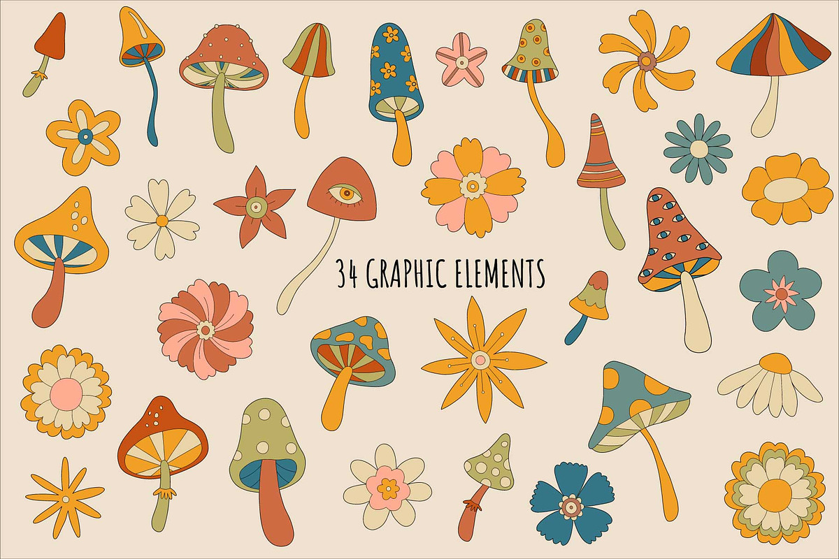 Magic Mushrooms Retro Vector Clipart, a Pattern Graphic by Irina Ostapenko (Photo 3 of 8)