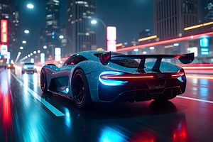 Futuristic car driving on neon-lit c, a Photo by LOGOCREATIVE