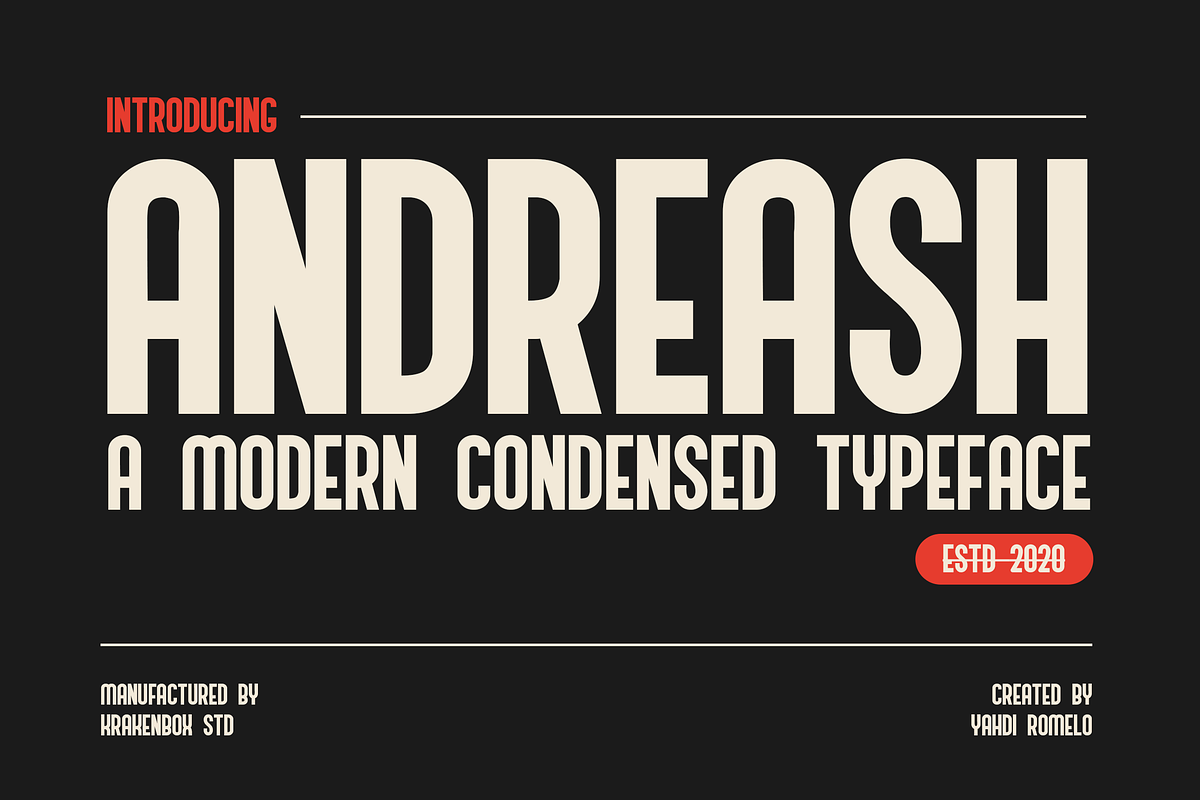 Andreash - Modern Condensed Typeface, a Sans Serif Font by Krakenbox Studio (Photo 1 of 8)