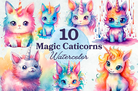 Magic Rainbow Caticorns Watercolor, an Animal Illustration by Loony Dream Designs