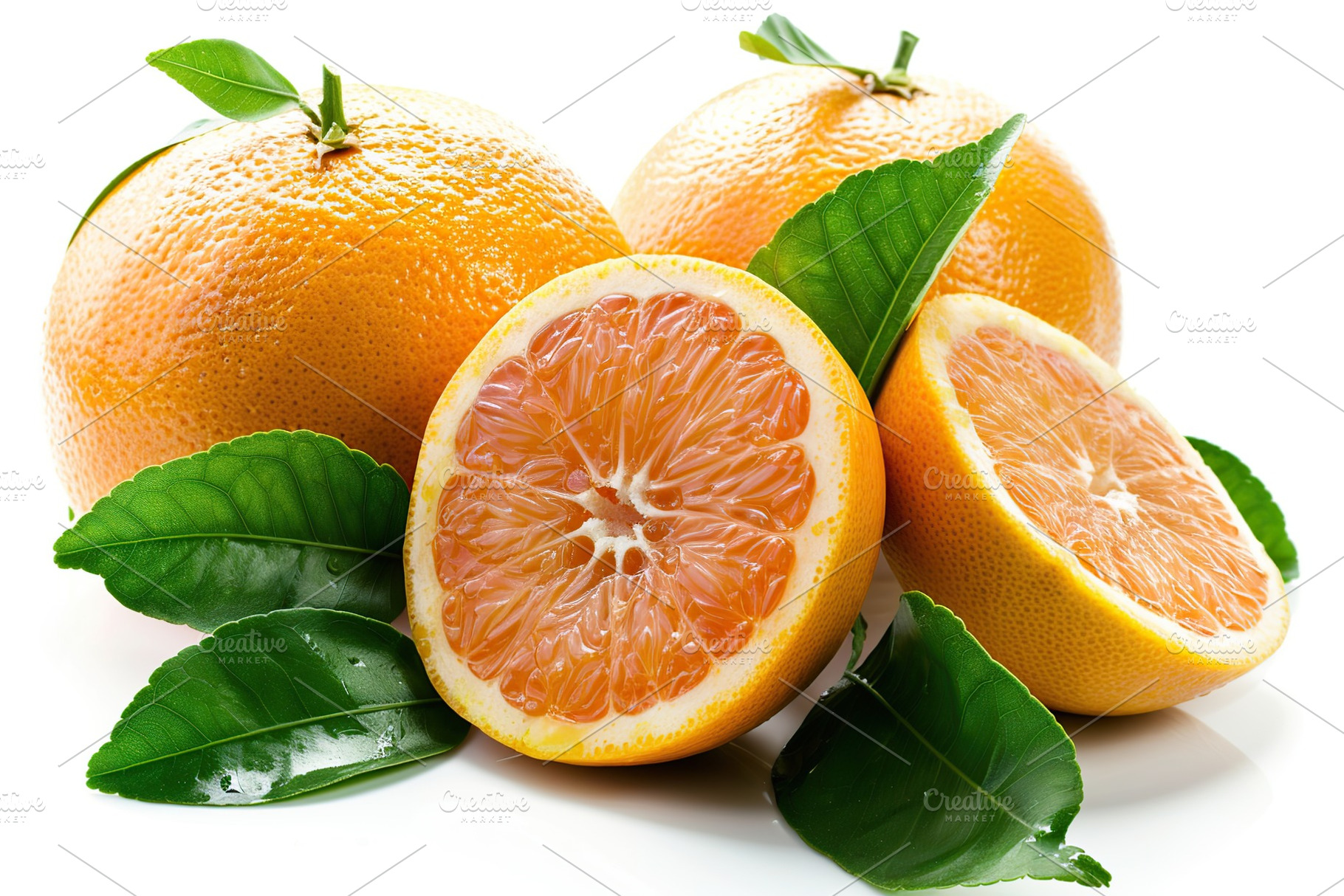 Fresh orange fruit with green leafs on white background, a Food & Drink Photo by AlyaAnd