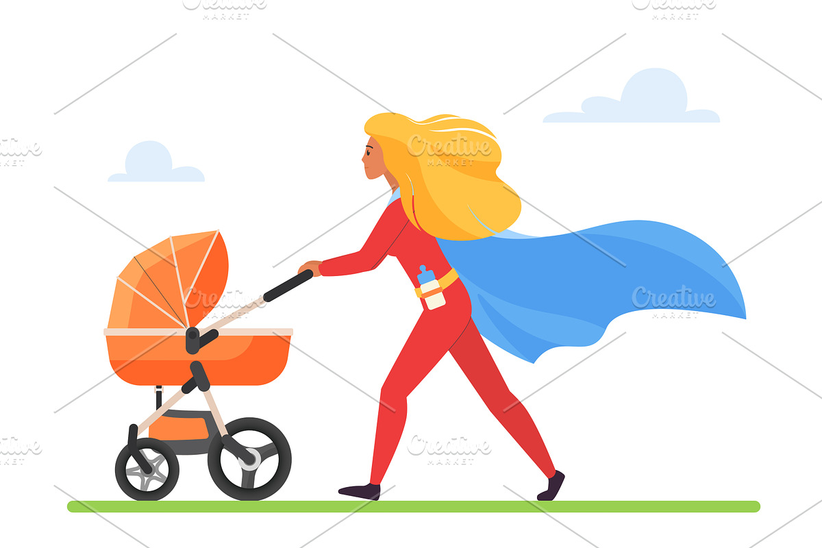 Superhero mother pushing stroller, a Person Illustration by Lemberg Vector