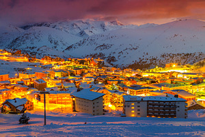 Majestic sunset and ski resort, an Architecture Photo by Alpine Dreams