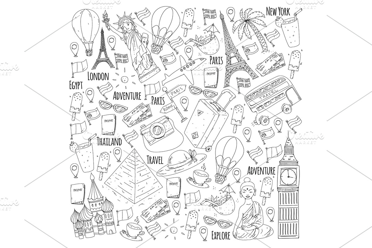 Vector pattern with travel icons, an Object Graphic by Doodle