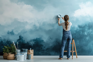 A woman person decorating room in overalls paints a cloud mural on a wall, surr, a Person Photo by Textures & Backgrounds