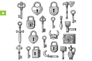 Vintage Keys & Locks Icon Set, an Object Graphic by RT Studio