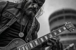 Passionate musician playing electric guitar outdoors with intensity and focus i, a Photo by AS photostudio