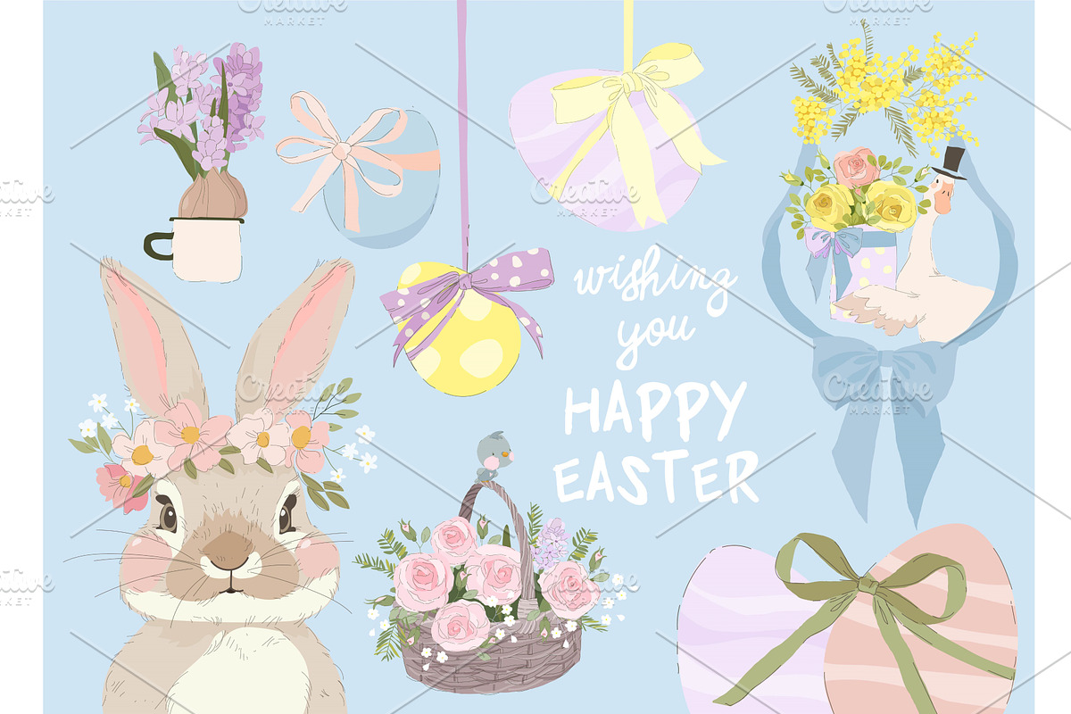 Happy Easter Set with Cute Bunny and, an Object Illustration by Maria Starus
