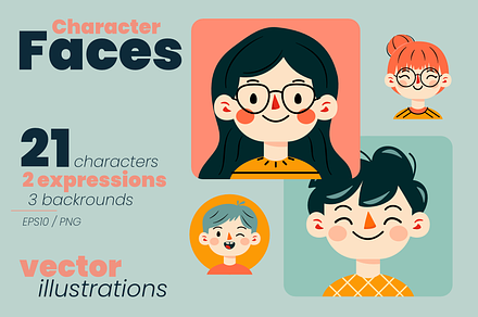 Character Faces Set, a Person Illustration by Monika_J