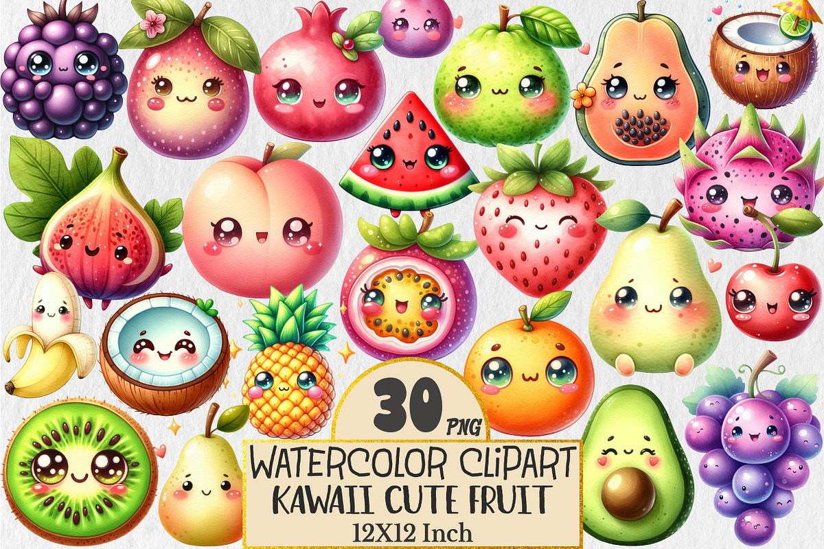 Kawaii Cute Fruit Clipart Bundle, a Seasonal Illustration by Rose Art (Photo 1 of 4)