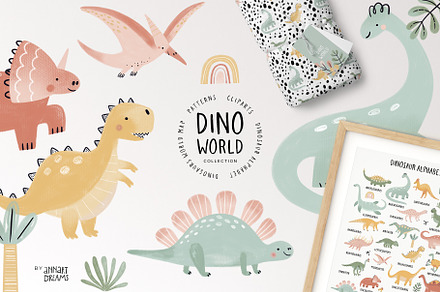 Dino World. Patterns, Alphabet, Map, an Animal Illustration by annartdreams