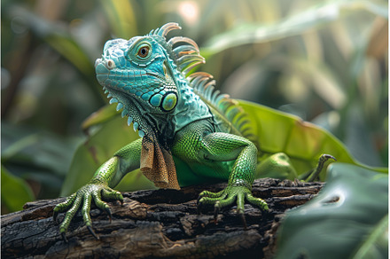 Colorful green iguana perched on a, an Animal Photo by Neirfy