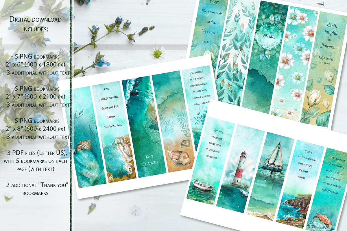 Turquoise Ocean Bookmarks with Quotes