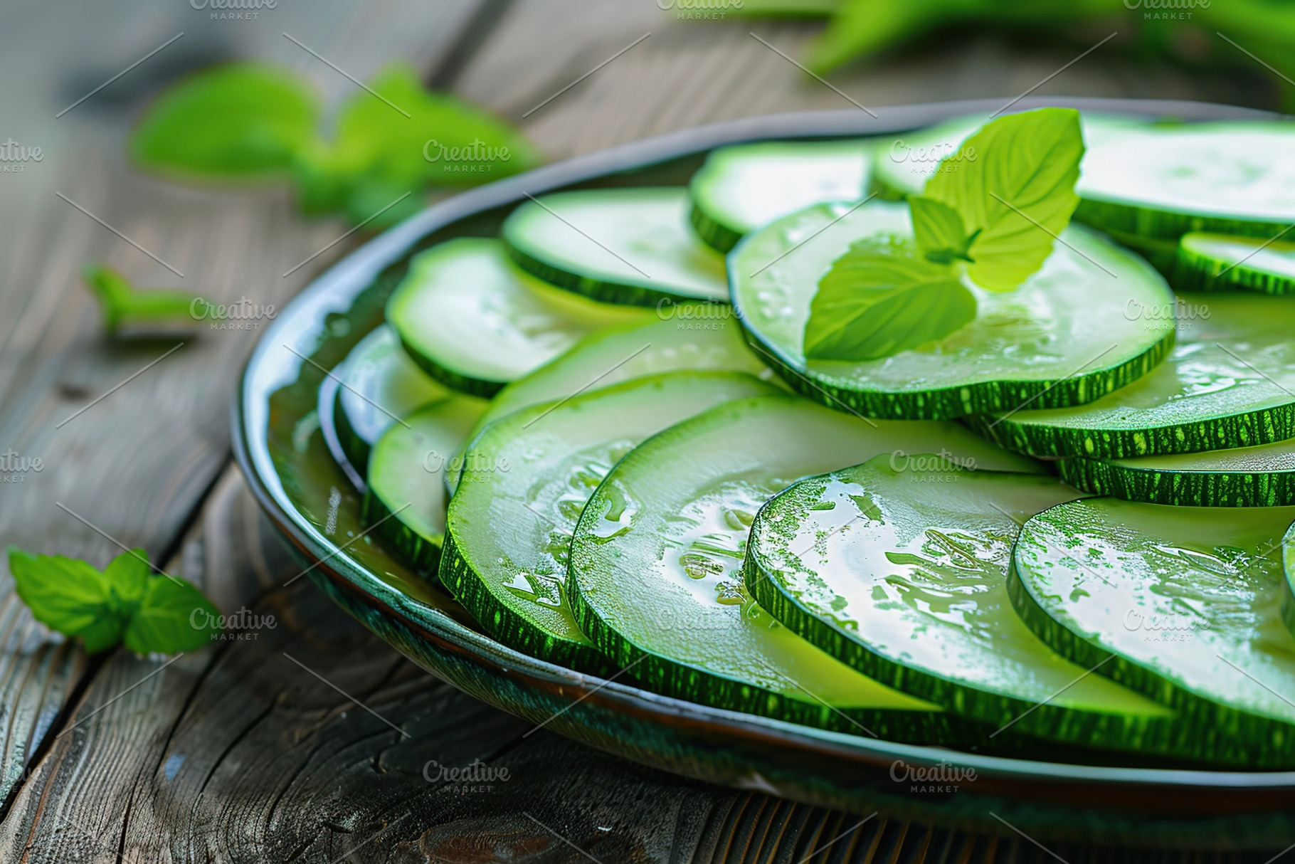 Green sliced zucchini in plate on wooden table, a Food & Drink Photo by AlyaAnd