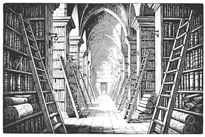 Ancient Library Hall with Scrolls, an Illustration by AlexArt