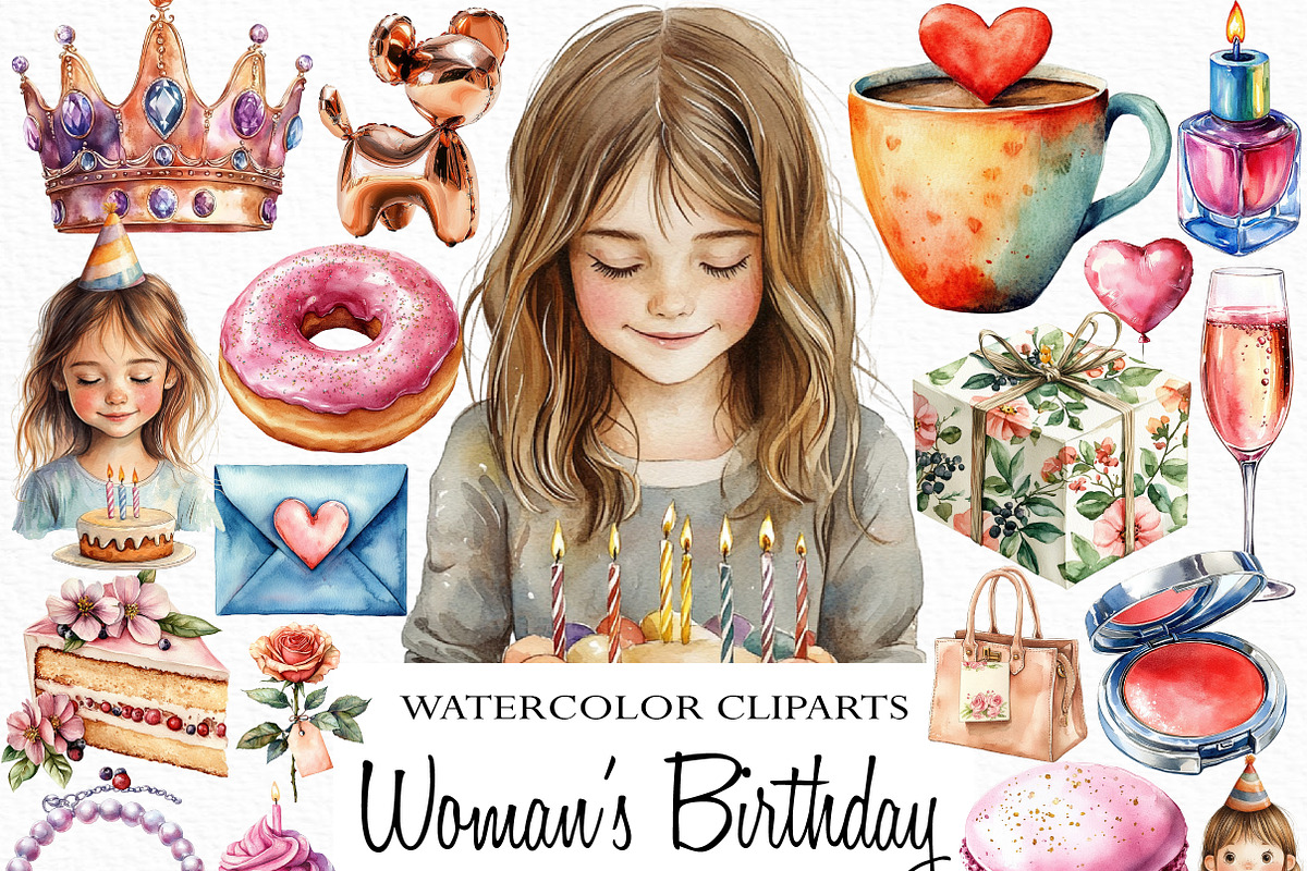Watercolor Woman’s Birthday Clipart, an Illustration by Craft Nest (Photo 1 of 6)