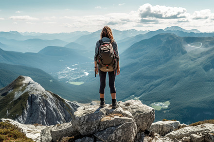 Young woman hiker with backpack standing on top of a mountain an, a Person Photo by AS photostudio