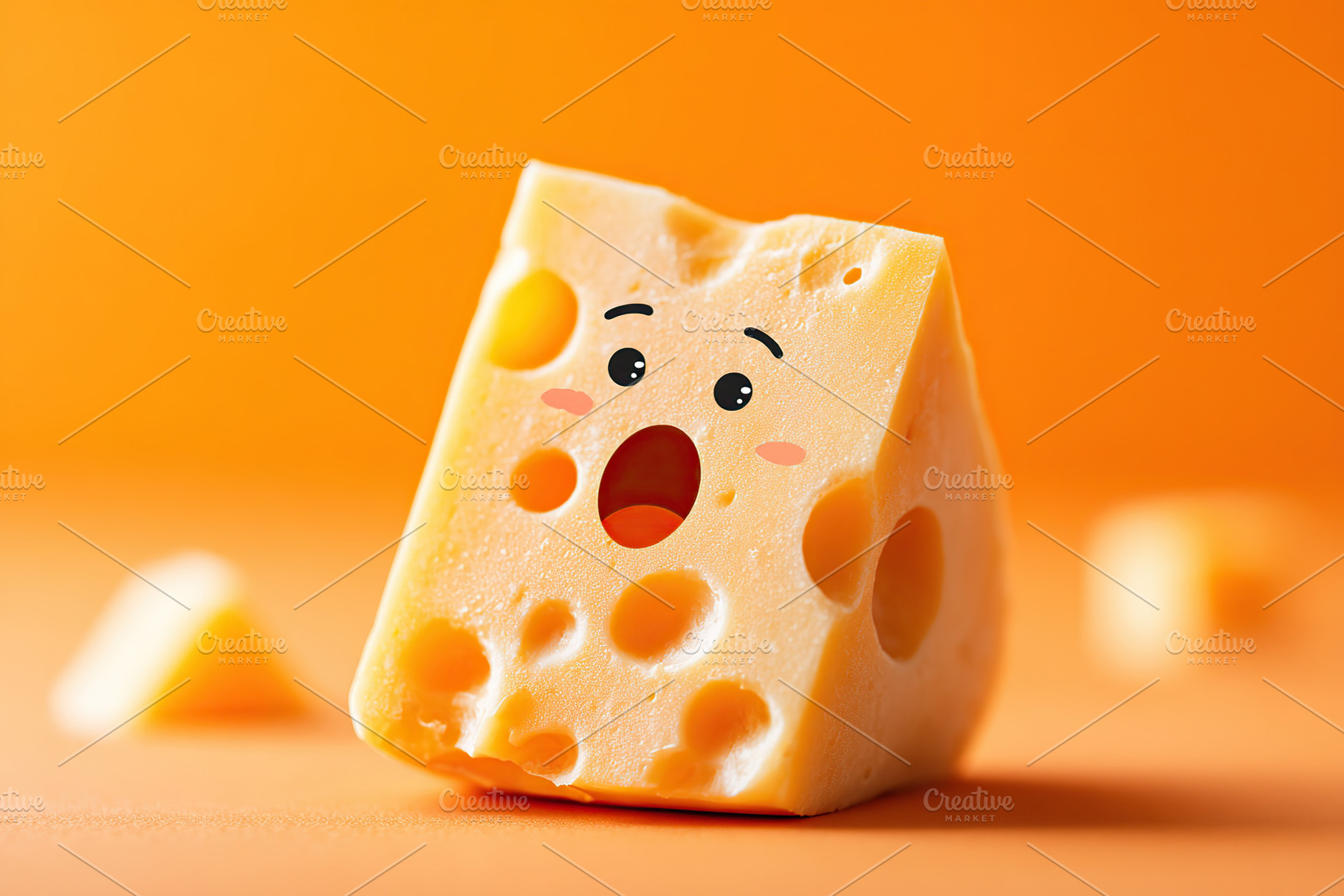 Funny cheese with a surprised face and a tiny bite against a bright orange back, a Food & Drink Photo by AlyaAnd