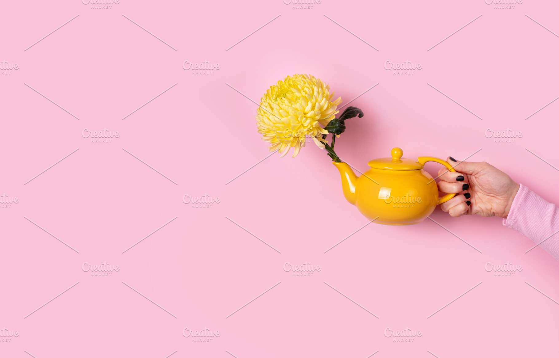 Hand holding a yellow teapot with a yellow chrysanthemum flower, a Holiday Photo by Ales Munt