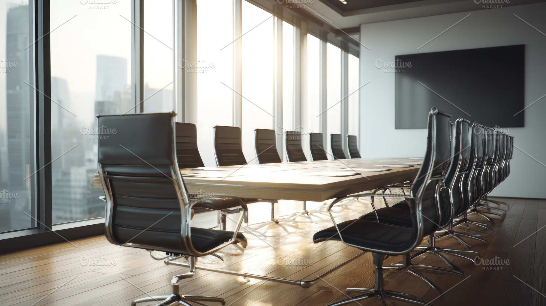 Executive boardroom with black leather chairs and wooden table i, an Abstract Photo by José Manuel Gelpi