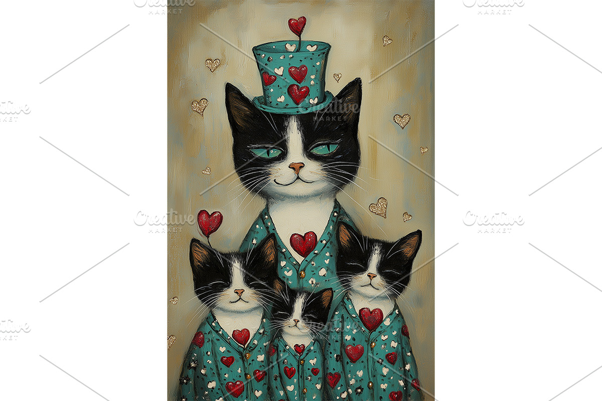 Tuxedo Cat Family Teal Heart Art, an Animal Illustration by Art Paradise Studios