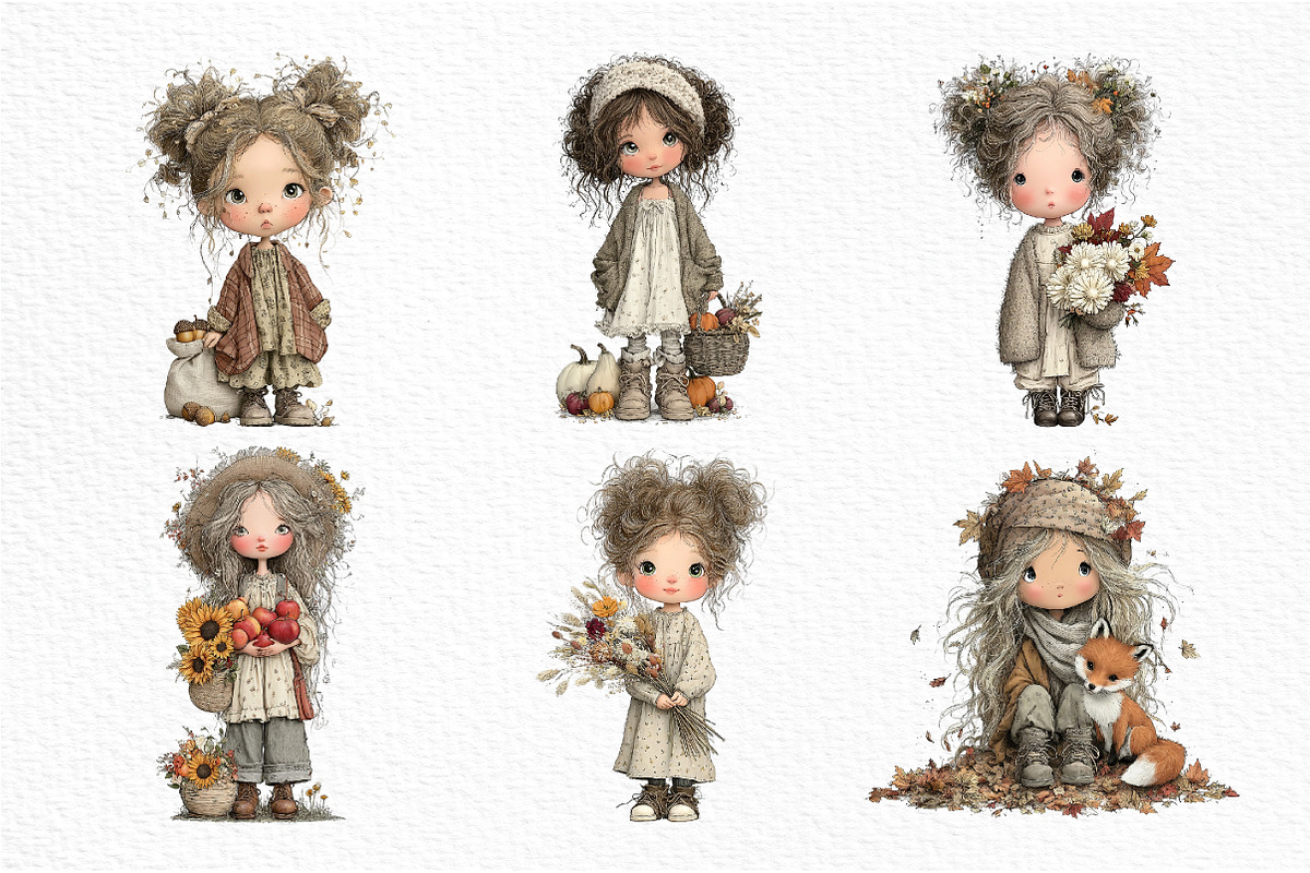Whimsical Fall Autumn Girls Clipart, a Seasonal Illustration by Craft Nest (Photo 3 of 6)
