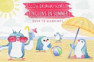 Watercolor Cute Cartoonish Penguins
