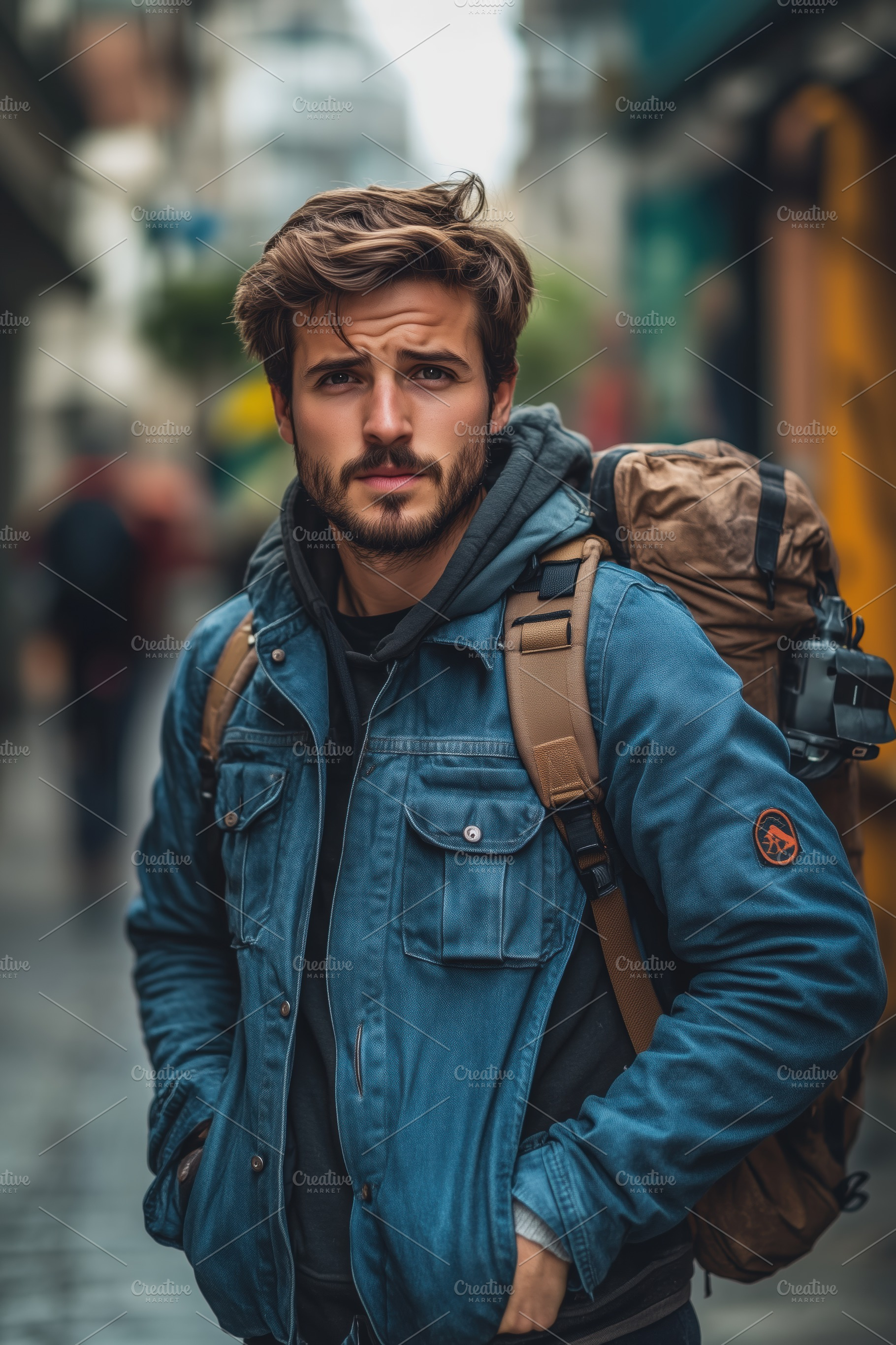 A young man online course producer stands on a city street, wearing a denim jac, a Person Photo by Textures & Backgrounds