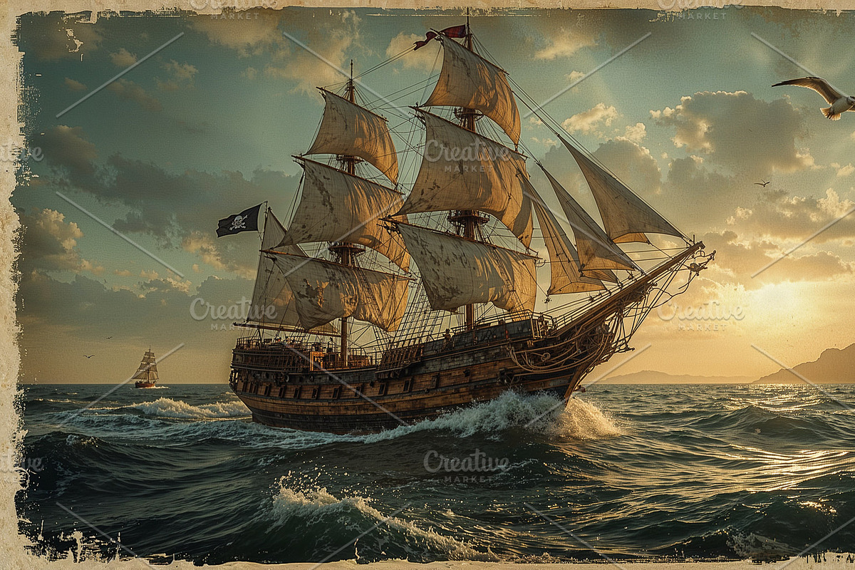 Three-masted sailing ship, an Illustration by wavebreak