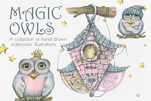 Magic Owls Winter Clipart Watercolor, an Illustration by NATASHA CHU